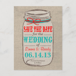 Carte Postale Faire-part Rustic Burlap & Mason Jar Enregistrer la date Cart
