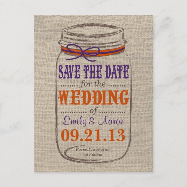 Carte Postale Faire-part Rustic Burlap & Mason Jar Enregistrer la date Cart (Devant)