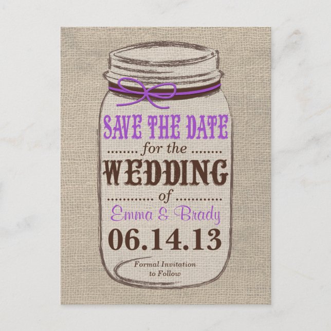 Carte Postale Faire-part Rustic Burlap & Mason Jar Enregistrer la date Cart (Devant)