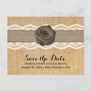 Carte Postale Faire-part Rustic Burlap Rose & Ribbon Lace Enregistrer la da