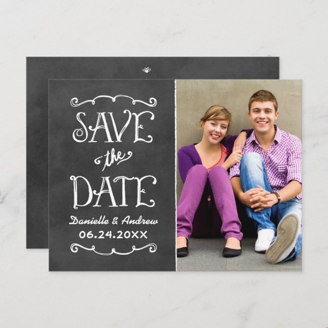 Carte Postale Faire-part Rustic Chalkboard Mariage Photo Enregistrer la dat (Devant / Derrière)