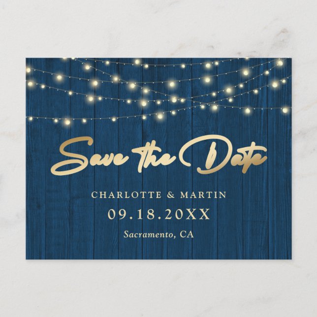 Carte Postale Faire-part Rustic Chic Navy Bleu Bois Mariage Enregistrer La  (Devant)