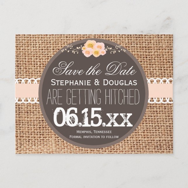 Carte Postale Faire-part Rustic Country Burlap Dentelle Enregistrer la date (Devant)