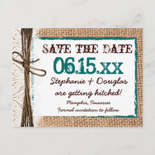 Carte Postale Faire-part Rustic Country Burlap Turquoise Enregistrer la dat
