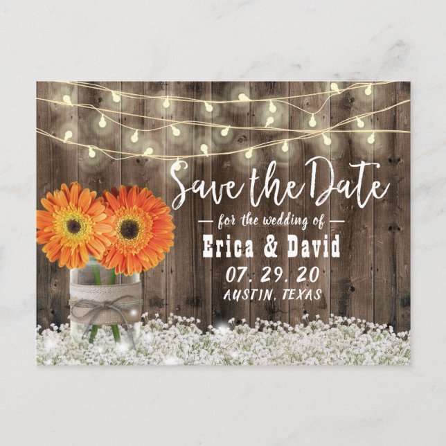 Carte Postale Faire-part Rustic Daisy Floral Jar Mariage Enregistrer la dat (Devant)