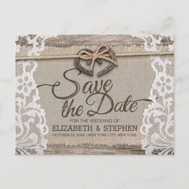 Carte Postale Faire-part Rustic Horseshoe Burlap Lace Wedding Enregistrer L (Devant)