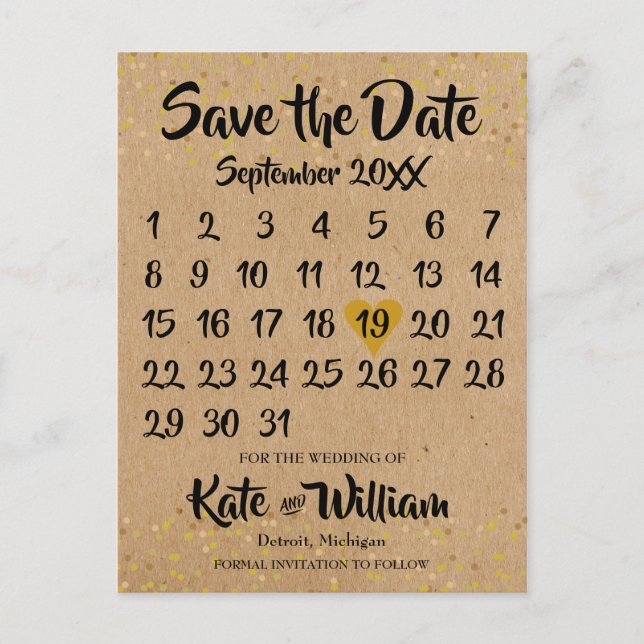 Carte Postale Faire-part Rustic Kraft Boho Calendrier Enregistrer la date P (Devant)