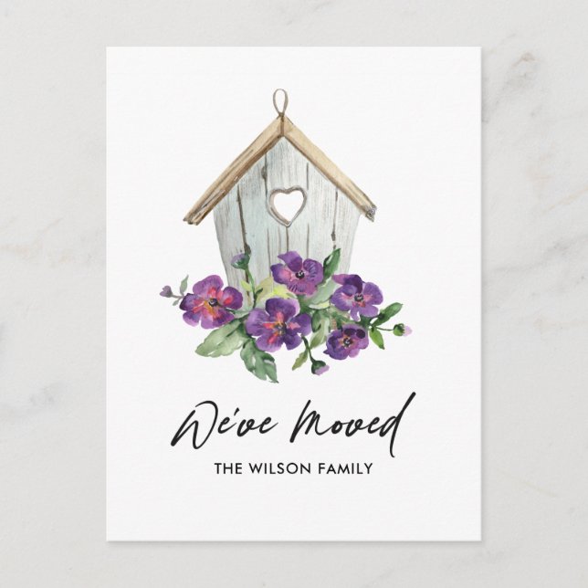 CARTE POSTALE FAIRE-PART RUSTIC KRAFT FLORAL BIRD HOUSE MOUVEMENT D'ADRESSE (Devant)