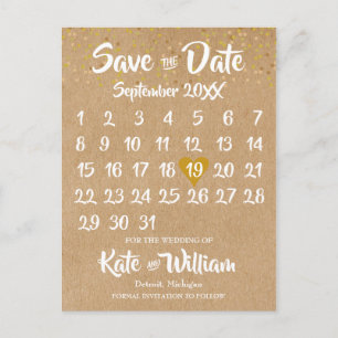Carte Postale Faire-part Rustic Kraft Gold Heart Calendar Enregistrer la da