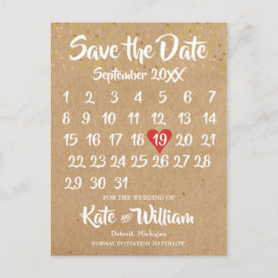 Carte Postale Faire-part Rustic Kraft Love Heart Calendar Enregistrer la da
