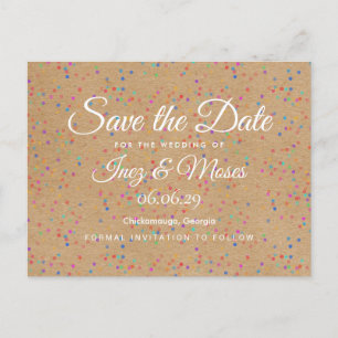 Carte Postale Faire-part Rustic Kraft Rainbow Confetti Enregistrer la date