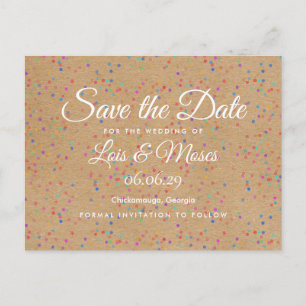 Carte Postale Faire-part Rustic Kraft Rainbow Confetti Enregistrer la date