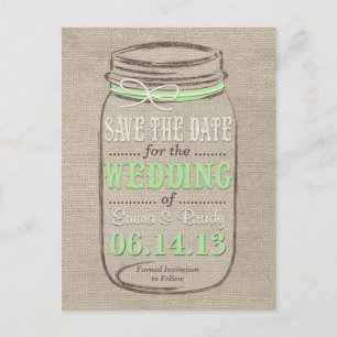 Carte Postale Faire-part Rustic Mason Jar Enregistrer la date Vert clair