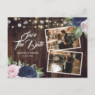 Carte Postale Faire-part Rustic Navy Blue Blush Enregistrer La Date Photo