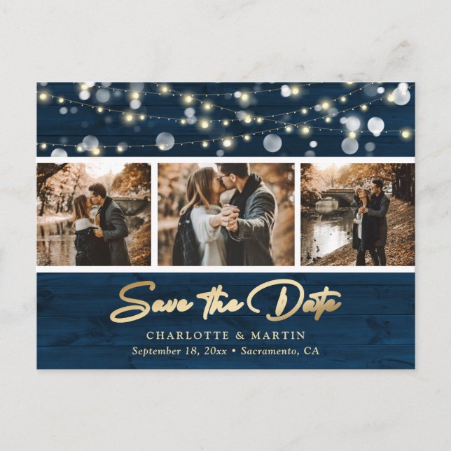 Carte Postale Faire-part Rustic Navy Blue Gold Mariage Photo Enregistrer la (Devant)