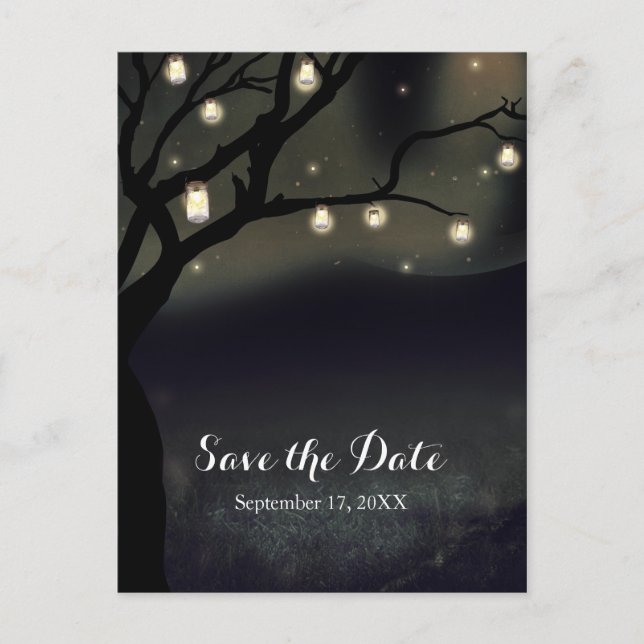 Carte Postale Faire-part Rustic Night Tree & Mason Jar Lights Enregistrer l (Devant)