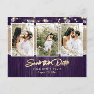 Carte Postale Faire-part Rustic Purple Gold Mariage Photo Enregistrer La Da
