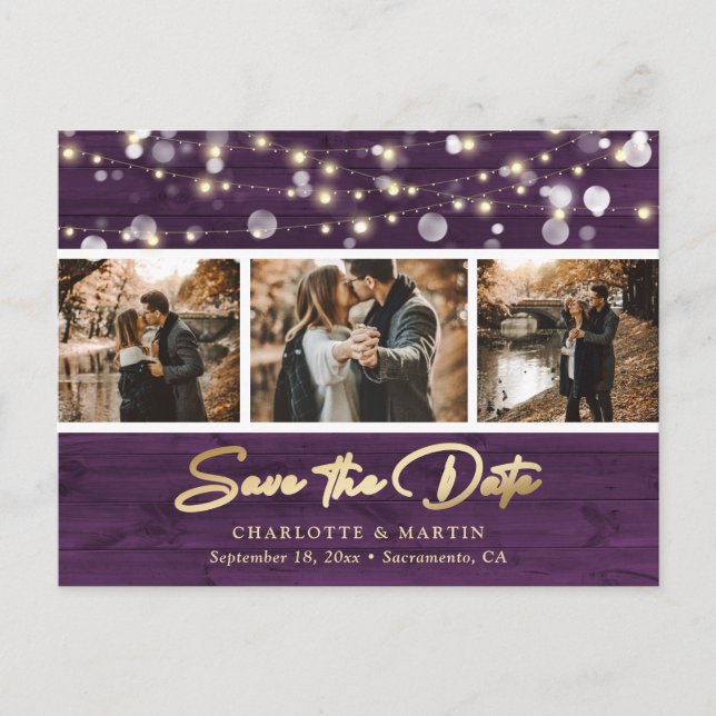 Carte Postale Faire-part Rustic Purple Gold Mariage Photo Enregistrer La Da (Devant)
