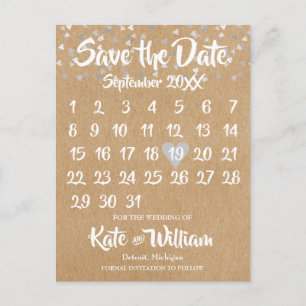 Carte Postale Faire-part Rustic Silver Love Heart Calendrier Enregistrer la