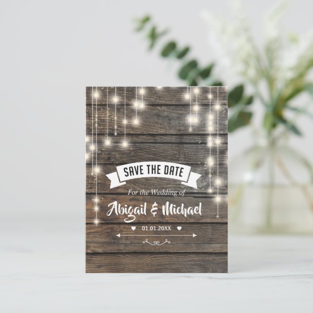 Carte Postale Faire-part Rustic String Lights Bois Enregistrer La Date Cart (Debout devant)