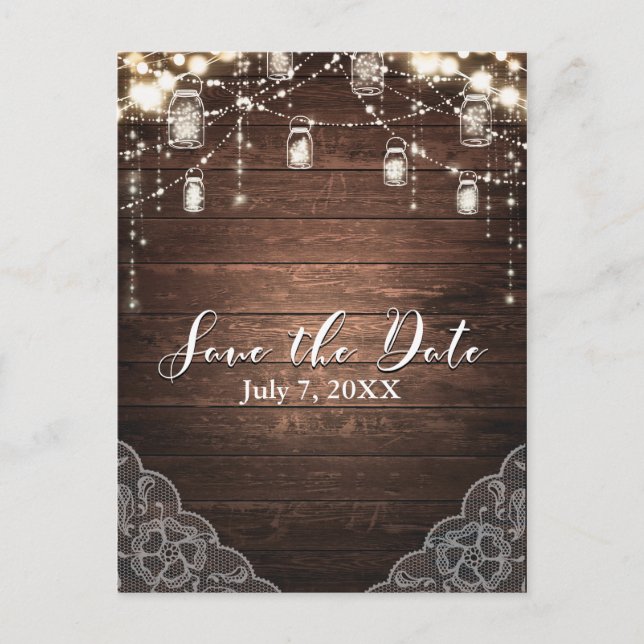 Carte Postale Faire-part Rustic String Lights Mason Jars Lace Enregistrer l (Devant)