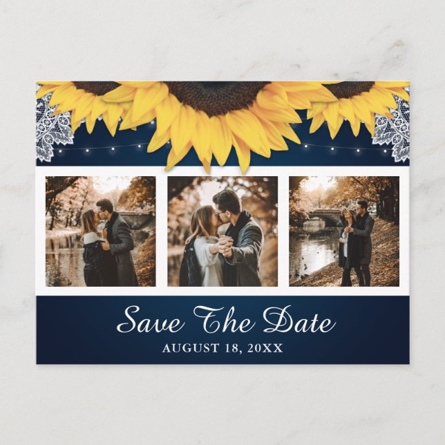 Carte Postale Faire-part Rustic Sunflower Navy Mariage Photo Enregistrer la (Devant)