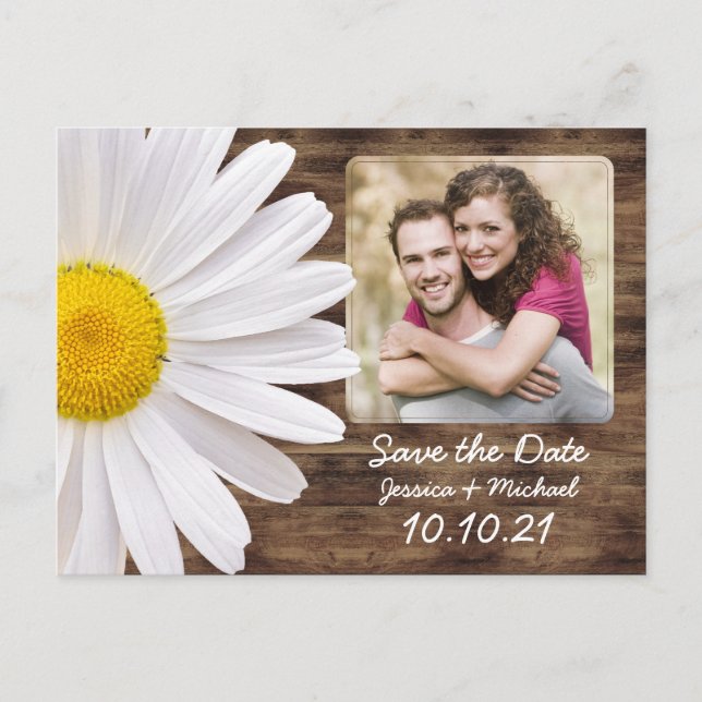 Carte Postale Faire-part Rustic White Daisy Wood Photo Mariage Enregistrer  (Devant)
