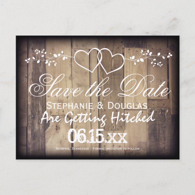 Carte Postale Faire-part Rustic Wood Double Hearts Enregistrer la date Cart (Devant)