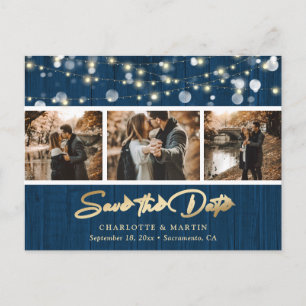 Carte Postale Faire-part Rustic Wood Mariage Gold de la Marine Photo Enregi