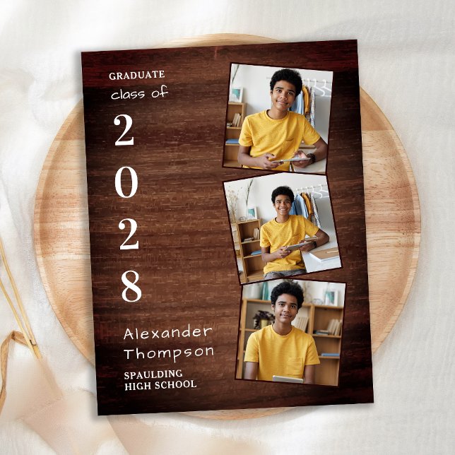 Carte Postale Faire-part Rustique 3 Photo Collage Comté Diplôme en bois (Créateur téléchargé)