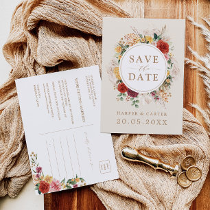 Carte Postale Faire-part Rustique Boho Floral Pampas Mariage en herbe