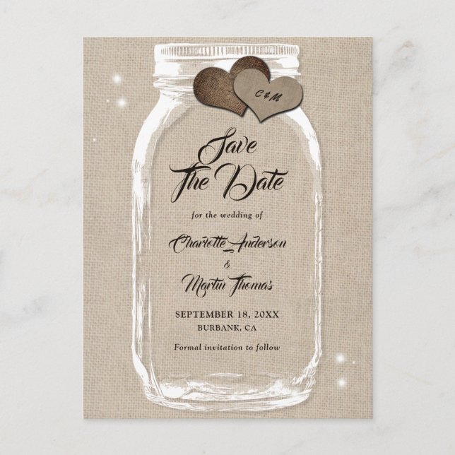 Carte Postale Faire-part Rustique Burlap Mason Jar Mariage Enregistrer La D (Devant)