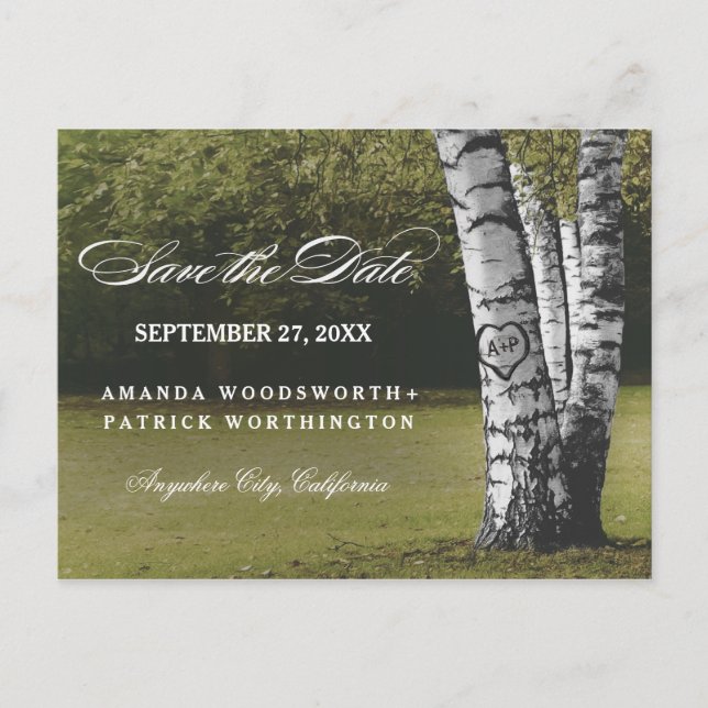 Carte Postale Faire-part Rustique Carved Birch Tree Pays Enregistrer La Dat (Devant)