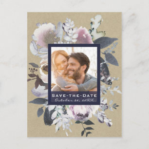 Carte Postale Faire-part Rustique Floral Glam Navy Kraft Photo Enregistrer