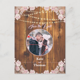 Carte Postale Faire-part Rustique Floral Light String Bois Enregistrer la c