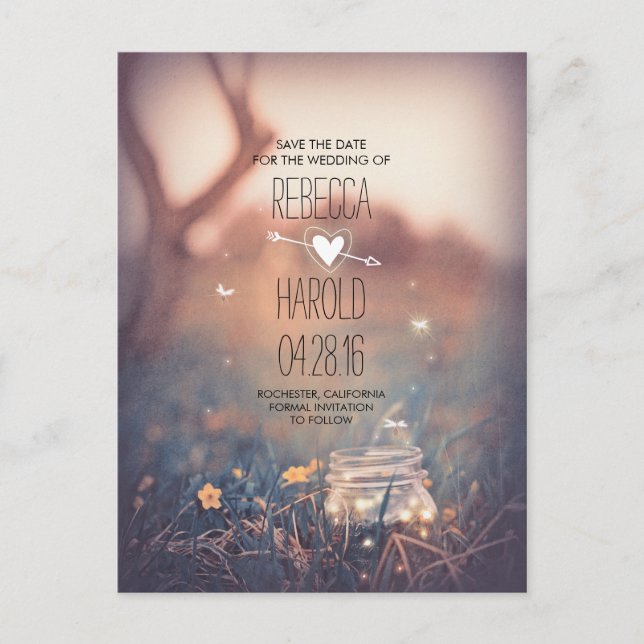 Carte Postale Faire-part Rustique Mason Jar Fireflies Nature Sauver la date (Devant)
