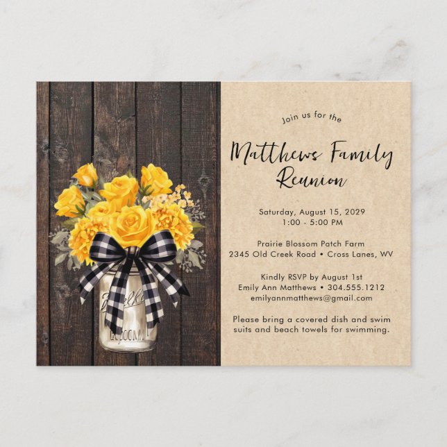 Carte Postale Faire-part Rustique Mason Jar Floral Bois Reunion Famille (Devant)