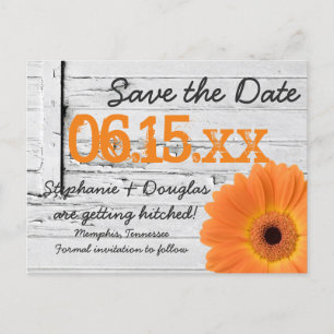 Carte Postale Faire-part Rustique Orange Daisy Wood Enregistrer La Date Car