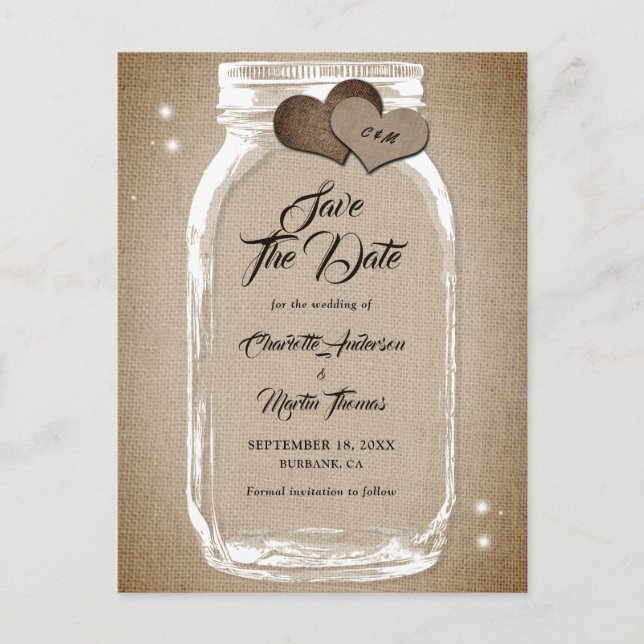 Carte Postale Faire-part Rustique Pays Mason Jar Mariage Enregistrer La Dat (Devant)