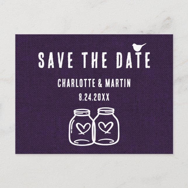Carte Postale Faire-part Rustique Purple Burlap Mariage Enregistrer La Date (Devant)