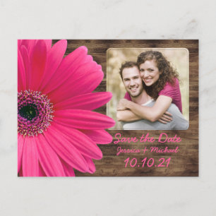 Carte Postale Faire-part Rustique rose marguerite bois photo mariage Enregi