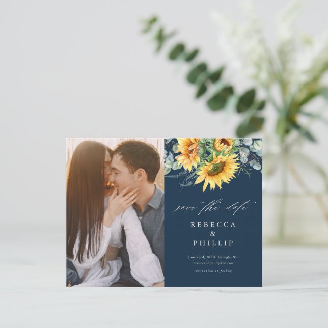 Carte Postale Faire-part Rustique Tournesol Eucalyptus Mariage Enregistrer  (Debout devant)