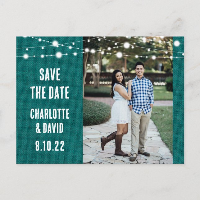 Carte Postale Faire-part Rustique Turquoise Burlap Mariage Enregistrer La D (Devant)