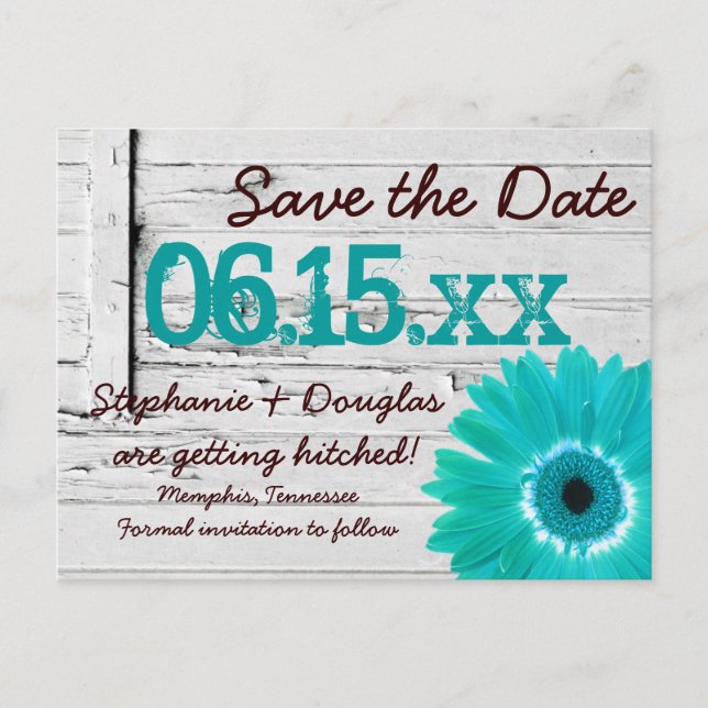 Carte Postale Faire-part Rustique Turquoise Daisy Wood Enregistrer La Date  (Devant)