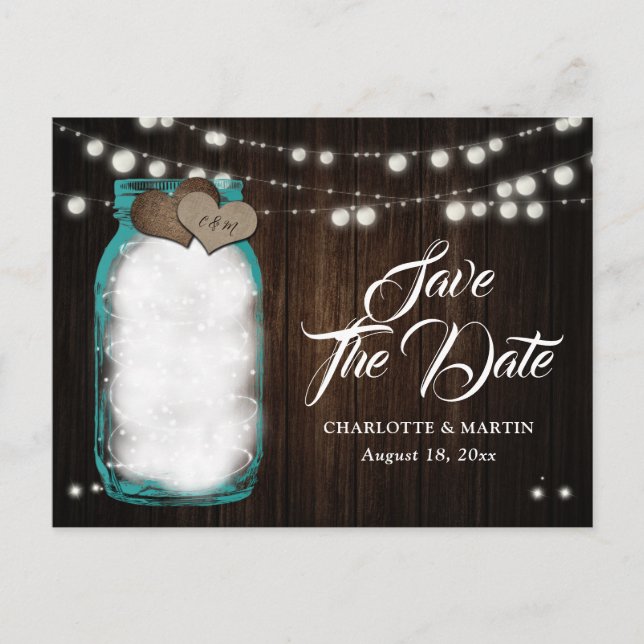 Carte Postale Faire-part Rustique Turquoise Mason Jar Mariage Enregistrer L (Devant)