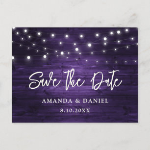 Carte Postale Faire-part Rustique Violet Bois Lumières Mariage Enregistrer