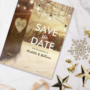 Carte Postale Faire-part Rustique Winter Tree Twinkle Lights Enregistrer la