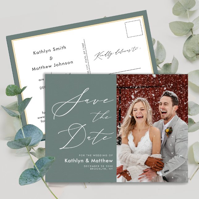 Carte Postale Faire-part Sage Green Élégant Script Mariage Enregistrer La D (Créateur téléchargé)