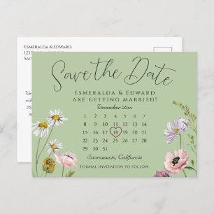 Carte Postale Faire-part Sage Green Floral Mariage Calendrier Enregistrer l