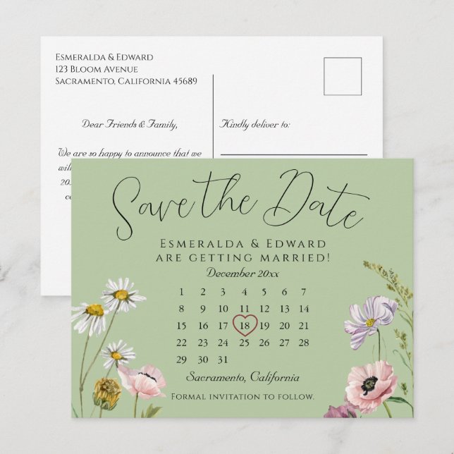 Carte Postale Faire-part Sage Green Floral Mariage Calendrier Enregistrer l (Devant / Derrière)